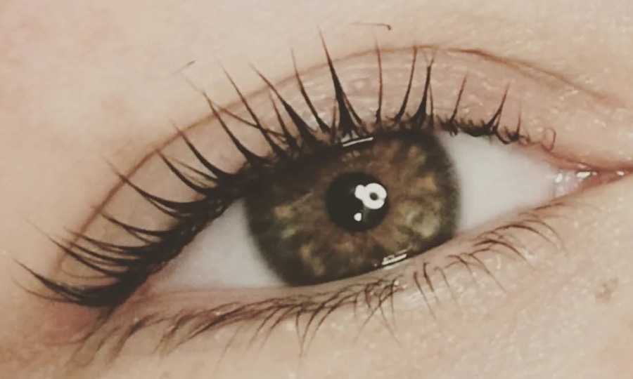 Œil brun aux cils recourbés et teintés en noir après un rehaussement et une teinture